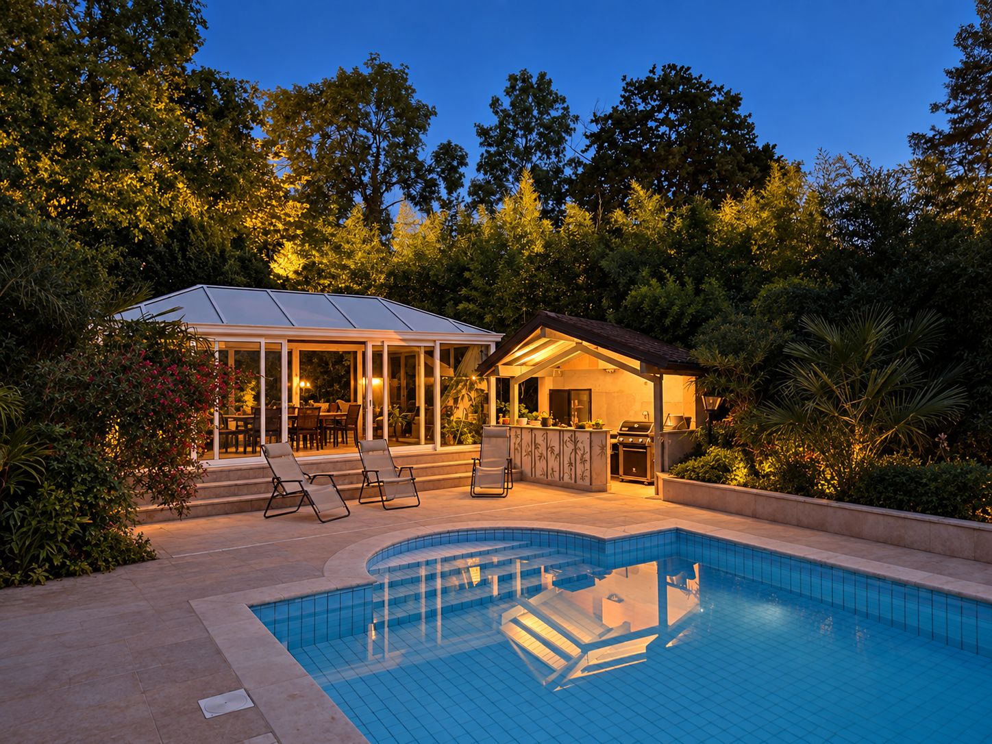 The pool and its pavilion at blue hour. Enhanced photograph.