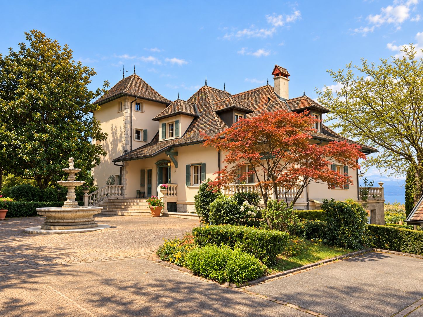 The entrance courtyard with its stone fountain, the tower and a red Japanese maple. Enhanced photograph.