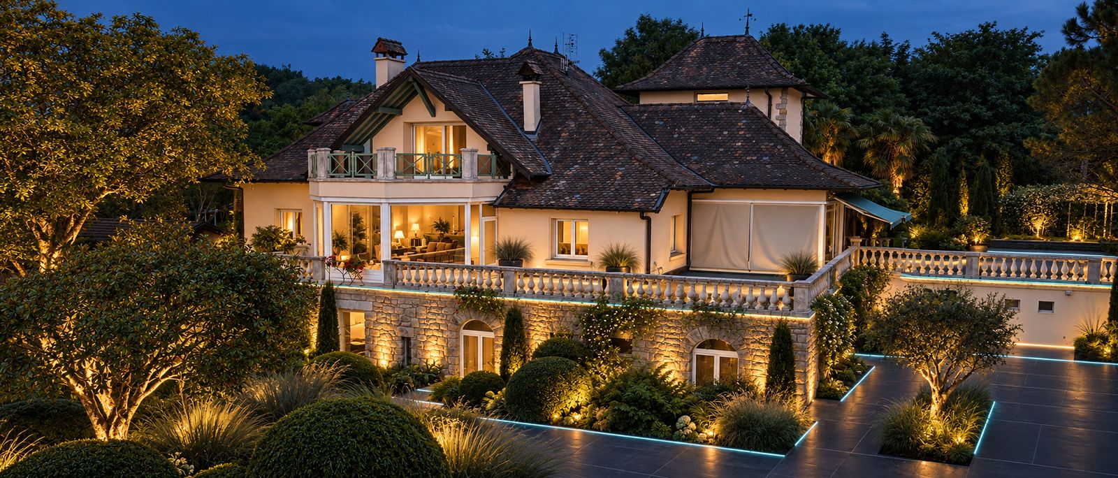 A night garden concept for the house with low warm lighting. Imagined renovation concept, not the existing garden.